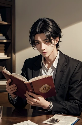 boy with beautiful, black hair, cool appearance, high nose, bright eyes, fashion style, sitting reading a book at the table, anime style