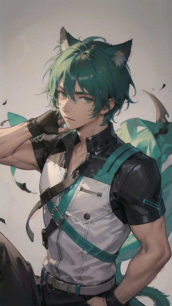 dark tanned skin，Handsome boy, Cat ears and tail, Shining eyes, (((Messy green short hair))), Very detailed portrait. The focus should be on his extremely detailed face,，muscular,=Full of male hormones