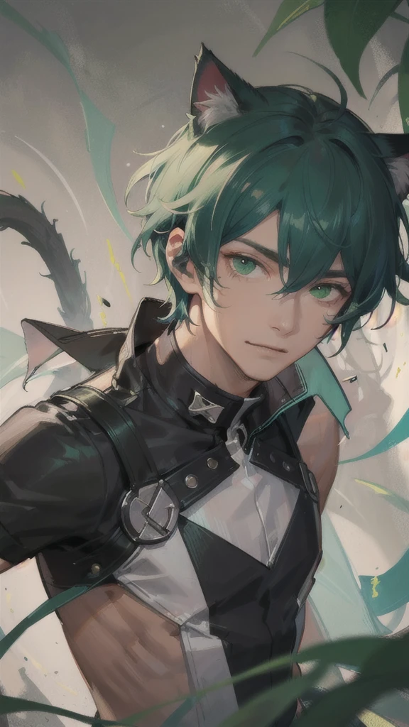 dark tanned skin,Handsome boy, Cat ears and tail, Shining eyes, (((Messy green short hair))), Very detailed portrait. The focus should be on his extremely detailed face,,muscular,=Full of male hormones