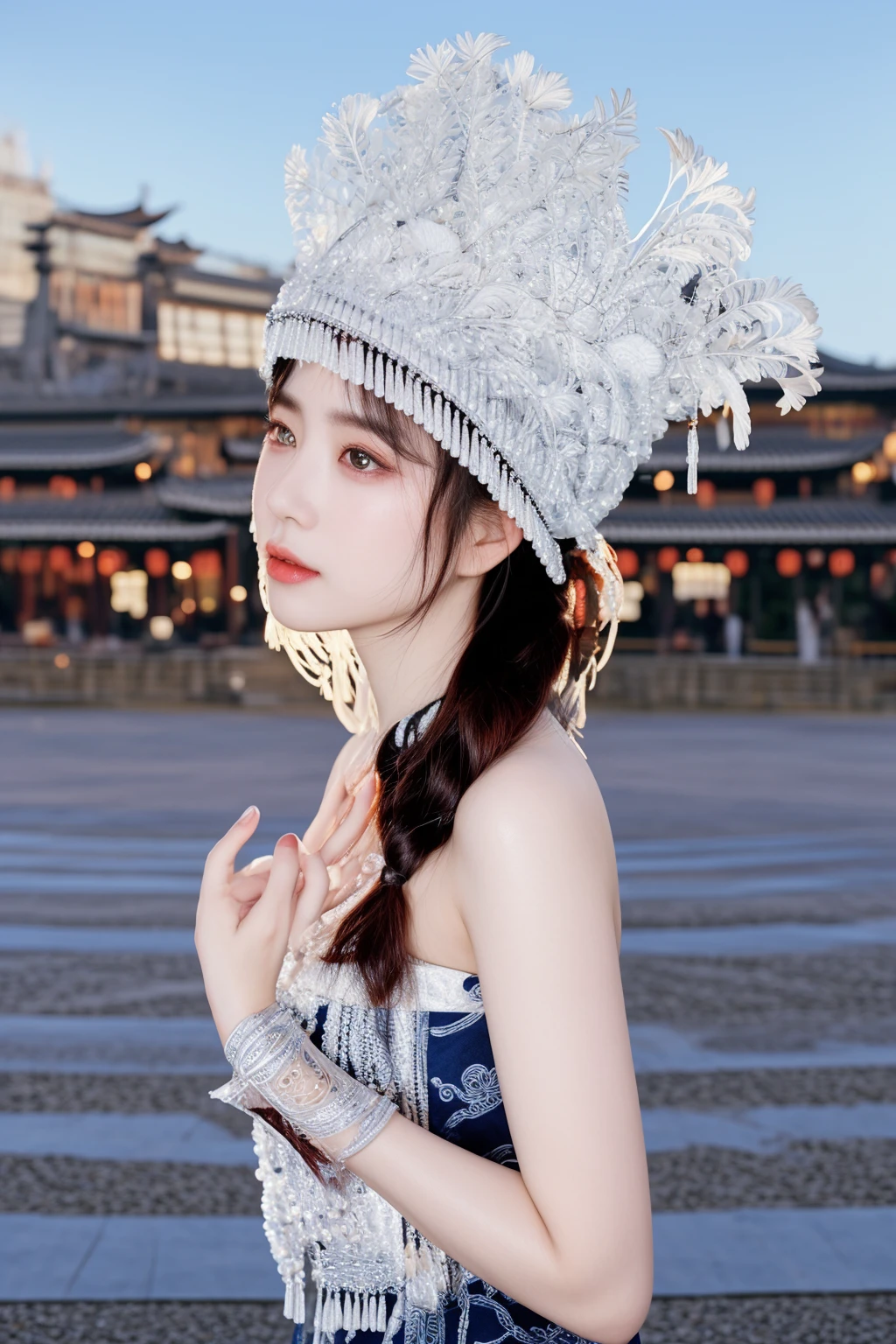 there is a woman wearing a hat with a feather on it, traditional chinese, taken with canon eos 5 d mark iv, palace , a girl in hanfu, photo taken with nikon d 7 5 0, photo taken with nikon d750, intricate chrome headdress, jellyfish headdress, shot on nikon z9, inspired by Jin Nong