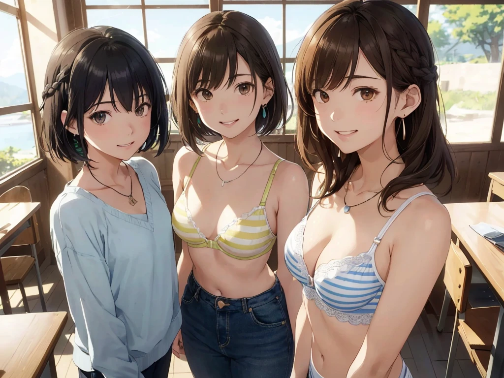 ((highest quality)), ((masterpiece)), (3 girls:1.3), Three cute girls are posing for the camera outdoors underwater, (shirtを持ち上げる:1.3),(The wind flips my skirt:1.3), three people standing in a row, (Close-up shot from the waist up:1.5), (open your mouth and smile:1.3), ray tracing, (bubble butt), bend over, hair band, head band, hair bobble, blouse, shirt, (cherry blossom micro bikini top), (high resolution eyes:1.5), (High definition finger 1.5), light smile, realistic, Asian, Westerners, silver hair, brown hair, blonde, (belly button), jewelry, looking at the viewer, necklace, small breasts, long hair, short hair, (abs),