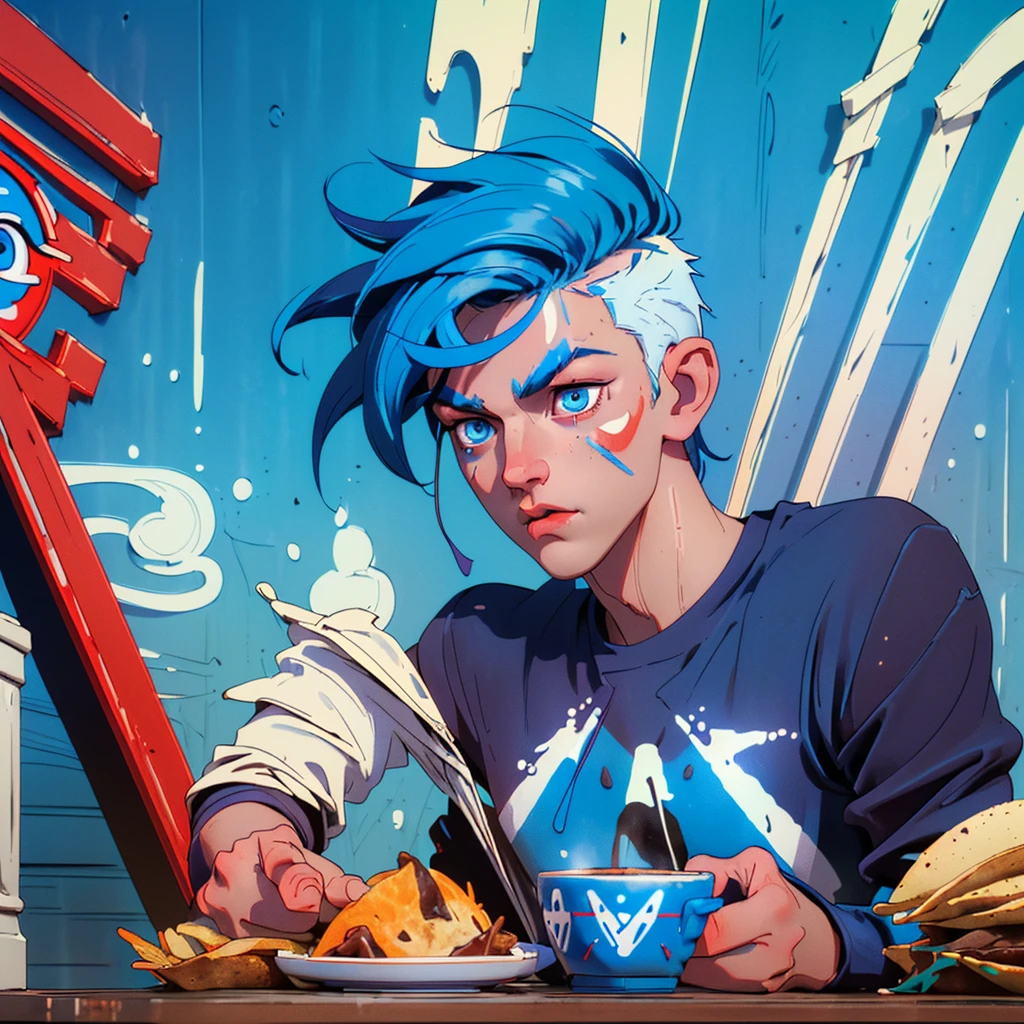 Masterpiece, 1boy playful young teen, spiky blue hair, blue eyes, ((red and white face painting), cafe, coffee shop, eating taco, warm, high definition, hdr, 8k