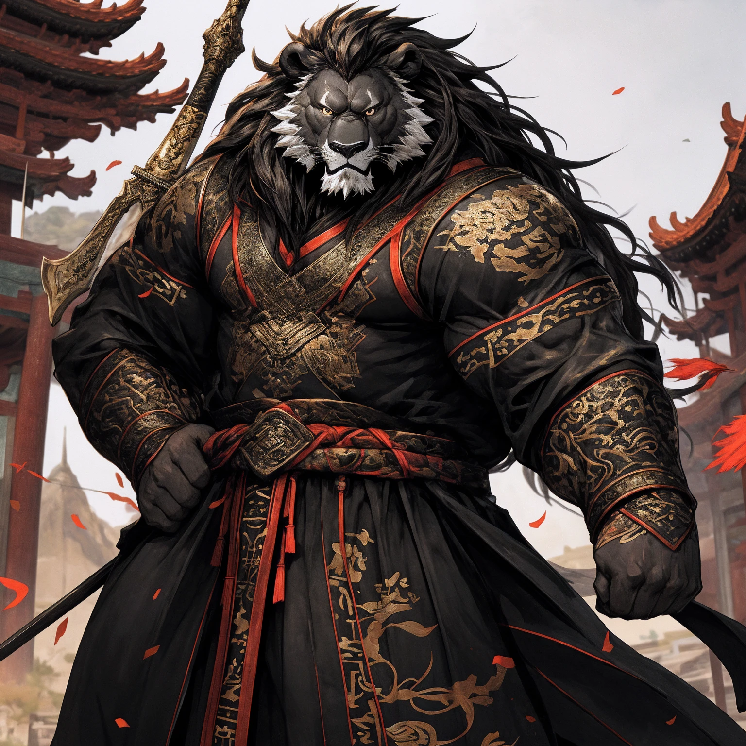 (Black Lion),(Black combat robe),Holding a spear,Powerful gesture,Stand confidently and proudly,Chinese style general holding a sword looking into the distance Longcheng middle-aged serious face beard,Strong,muscle,(high resolution:1.3)