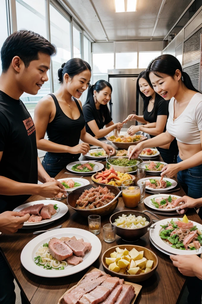 Group of people going to eat pork