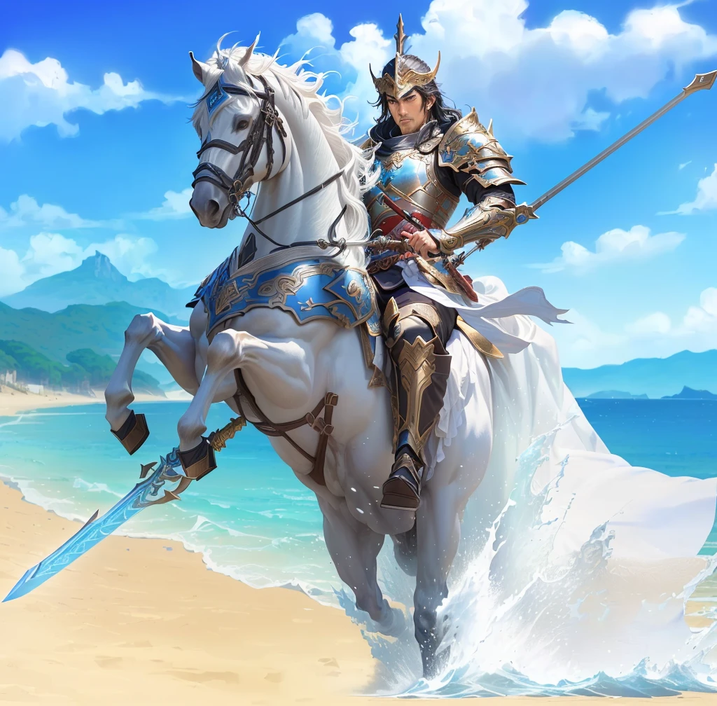 There is a man riding a horse on the beach，Sword in hand, zhao yun, Horse Warrior, mystical atlantean valkyrie, Male Paladin, Arsene Lupin as a Paladin, Fantasy Knight, Official Art, Alexander the Great, Heroes of Might & Magic 3, Official ink art, Granblue Fantasy, Holding his trident, Fantasy Paladin