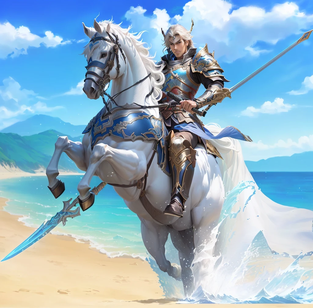 There is a man riding a horse on the beach，Sword in hand, zhao yun, Horse Warrior, mystical atlantean valkyrie, Male Paladin, Arsene Lupin as a Paladin, Fantasy Knight, Official Art, Alexander the Great, Heroes of Might & Magic 3, Official ink art, Granblue Fantasy, Holding his trident, Fantasy Paladin