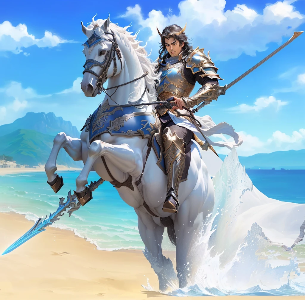 There is a man riding a horse on the beach，Sword in hand, zhao yun, Horse Warrior, mystical atlantean valkyrie, Male Paladin, Arsene Lupin as a Paladin, Fantasy Knight, Official Art, Alexander the Great, Heroes of Might & Magic 3, Official ink art, Granblue Fantasy, Holding his trident, Fantasy Paladin