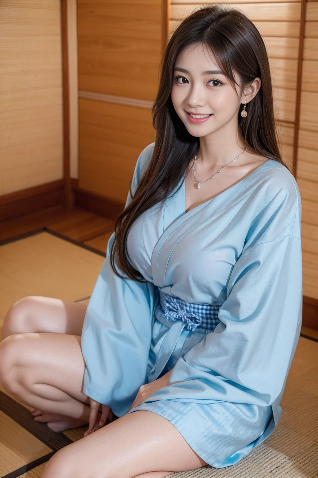 Highest quality,8K, Detailed facial depiction, Detailed description of the eyes,One Woman, Light brown hair(Medium-long hair),Beautiful Japanese Girl,24-years-old,Cute eyes,Cute Smile,Yukata beauty,Light blue gingham check yukata,Slender body, Large, plump breast size, Long and beautiful legs,Smiling, Colorful earrings,necklace,Are standing,Beautiful nape,Japan tatami room,Sitting upright