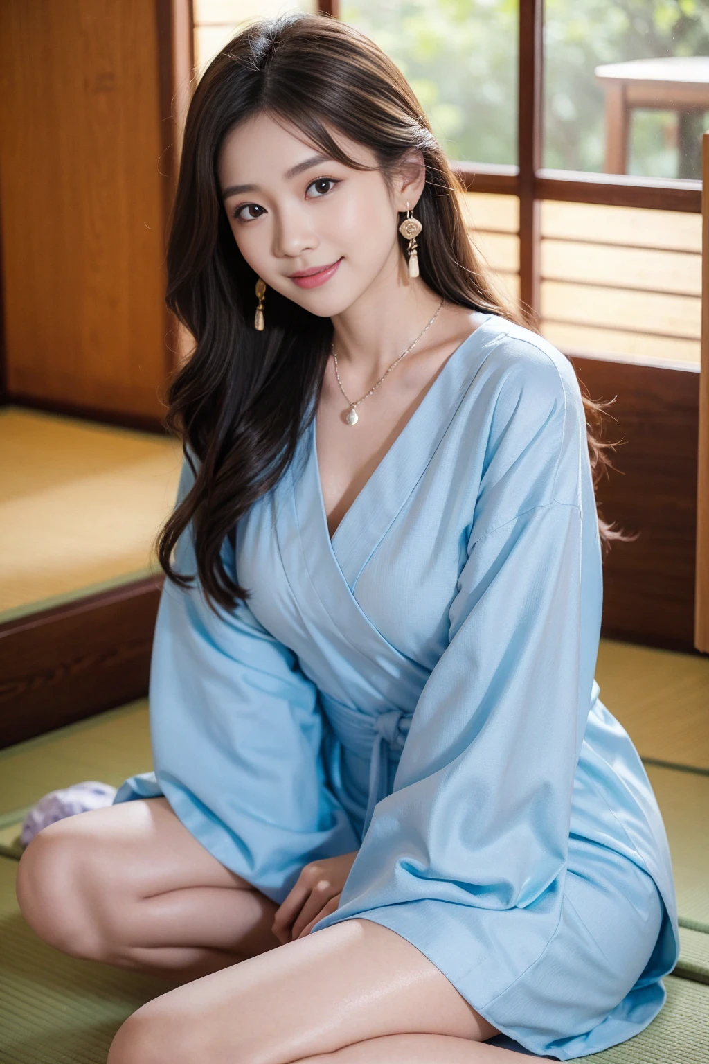 Highest quality,8K, Detailed facial depiction, Detailed description of the eyes,One Woman, Light brown hair(Medium-long hair),Beautiful Japanese Girl,24-years-old,Cute eyes,Cute Smile,Yukata beauty,Light blue gingham check yukata,Slender body, Large, plump breast size, Long and beautiful legs,Smiling, Colorful earrings,necklace,Are standing,Beautiful nape,Japan tatami room,Sitting upright