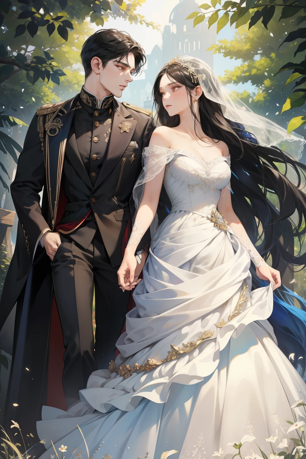 A breathtaking bride, adorned with a cascade of dark blue, raven-dark hair, and mesmerizing golden eyes, gracefully walks towards her partner at a beautifully set nature-themed wedding venue. The intricate details of her wedding dress are highlighted in high definition, its fabric flowing majestically in the gentle breeze. The intensity of her red-eyed groom's gaze, filled with love and anticipation, mirrors the vibrant hues of the surrounding flora, creating a captivating tableau.