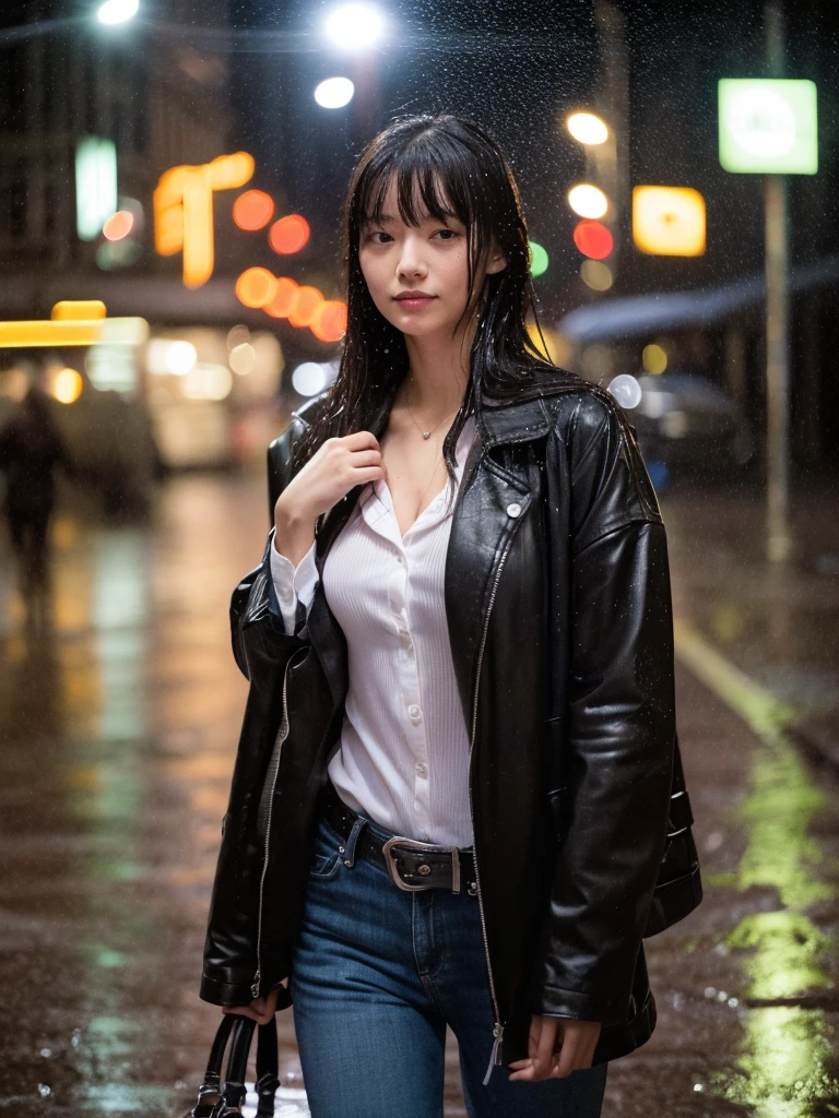 Sidewalks in big cities lined with buildings,Wet roads ,Many business people are heading home,drenched, Dripping, Wet Face,Wet clothes, Wet Skin, Wet Hair,A young woman with a cute face like a Japanese idol,(chest),((Full body portrait)),((Cinema lighting),(Natural light),(High level of artistry),(Artistic),(Quality indistinguishable from real life),RAW Photos,Genuine,Genuine,High resolution,RAW Photos,masterpiece, beautiful