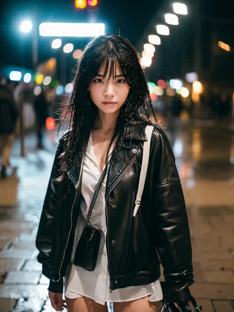 Sidewalks in big cities lined with buildings,Wet roads ,Many business people are heading home,drenched, Dripping, Wet Face,Wet clothes, Wet Skin, Wet Hair,A young woman with a cute face like a Japanese idol,(chest),((Full body portrait)),((Cinema lighting),(Natural light),(High level of artistry),(Artistic),(Quality indistinguishable from real life),RAW Photos,Genuine,Genuine,High resolution,RAW Photos,masterpiece, beautiful