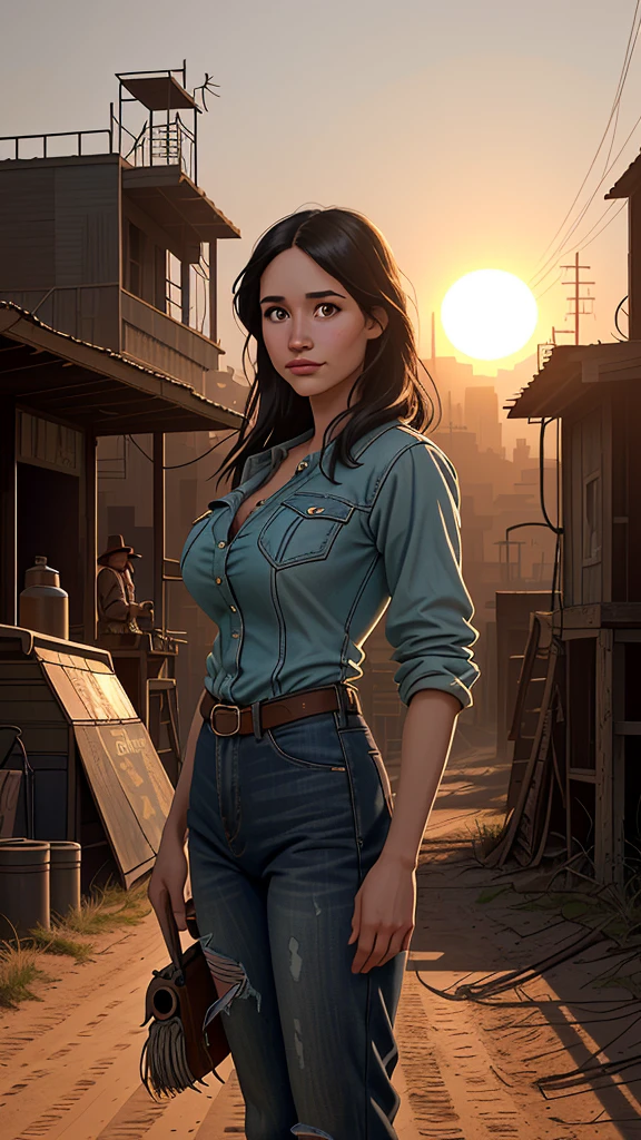 Foto hiper-realista de Kelsey Asbille, work of art, best qualityer, (photorrealistic:1.4), (cowboy outfit) Create dystopian work of arts. Western theme, dusty atmosphere, wooden buildings, a setting sun casting long shadows, aged and worn out costumes, expectation in the air, intense impasse, empty street, City Deserted, Beautiful woman, skinny, Large big tits, black hair long, face detailed, ssmile, facing the camera, photo taken from a distance, age 25 years