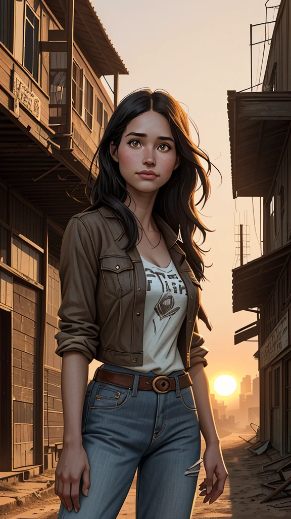 Foto hiper-realista de Kelsey Asbille, work of art, best qualityer, (photorrealistic:1.4), (cowboy outfit) Create dystopian work of arts. Western theme, dusty atmosphere, wooden buildings, a setting sun casting long shadows, aged and worn out costumes, expectation in the air, intense impasse, empty street, City Deserted, Beautiful woman, skinny, Large big tits, black hair long, face detailed, ssmile, facing the camera, photo taken from a distance, age 25 years