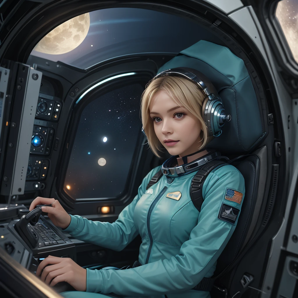 (masterpiece:1.4),(best quality,photorealistic), A beautiful Blonde woman with short hair 28 years old, she is wearing a full length Teal space suit, she has perfect hands and face, she is sitting in a space capsule, there computers and flight controls, and exclusive, Luxury, you can see a moon out of the window, space nebulas, planets, control panel, she is sitting in a large space
