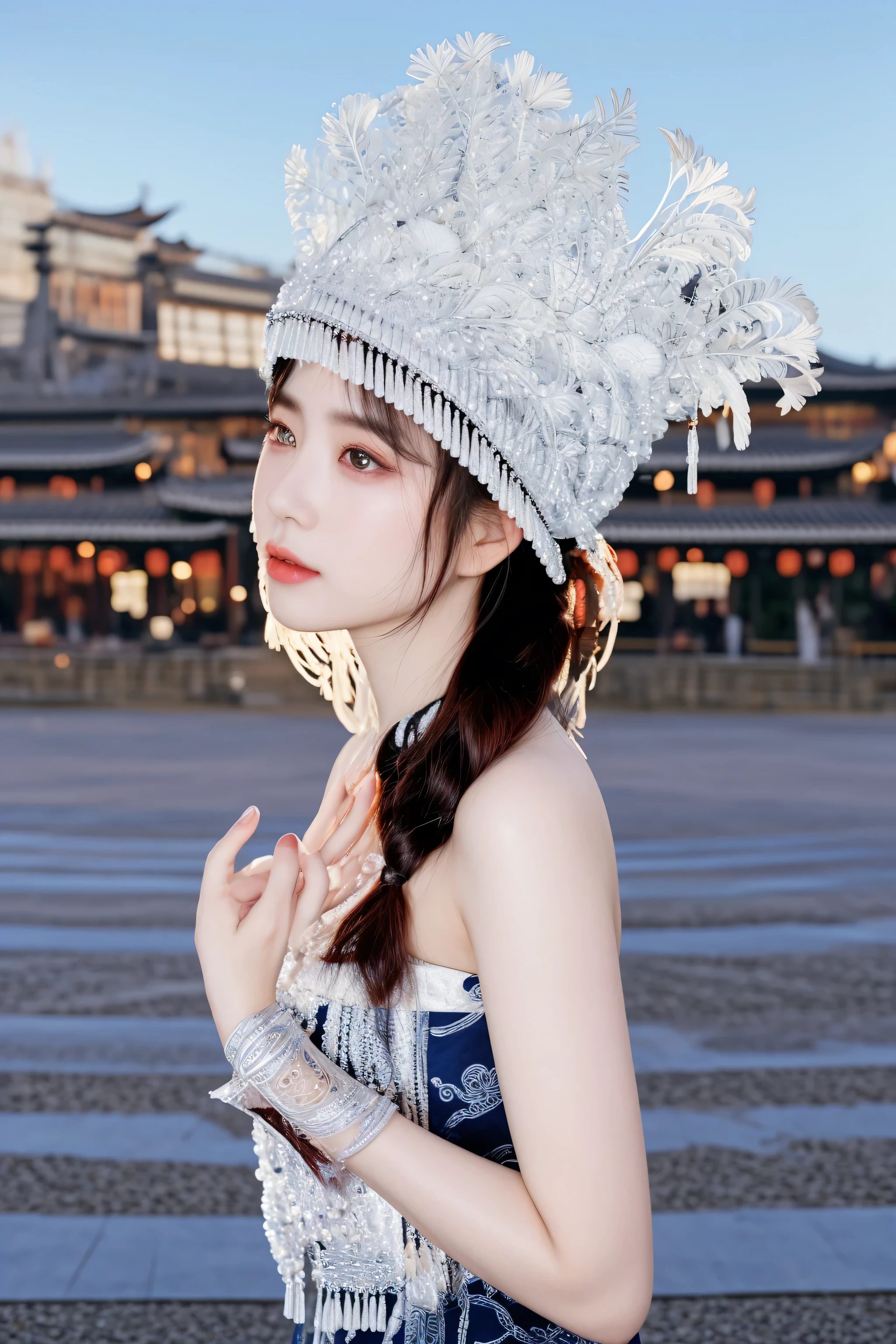 there is a woman wearing a hat with a feather on it, traditional chinese, taken with canon eos 5 d mark iv, palace , a girl in hanfu, photo taken with nikon d 7 5 0, photo taken with nikon d750, intricate chrome headdress, jellyfish headdress, shot on nikon z9, inspired by Jin Nong