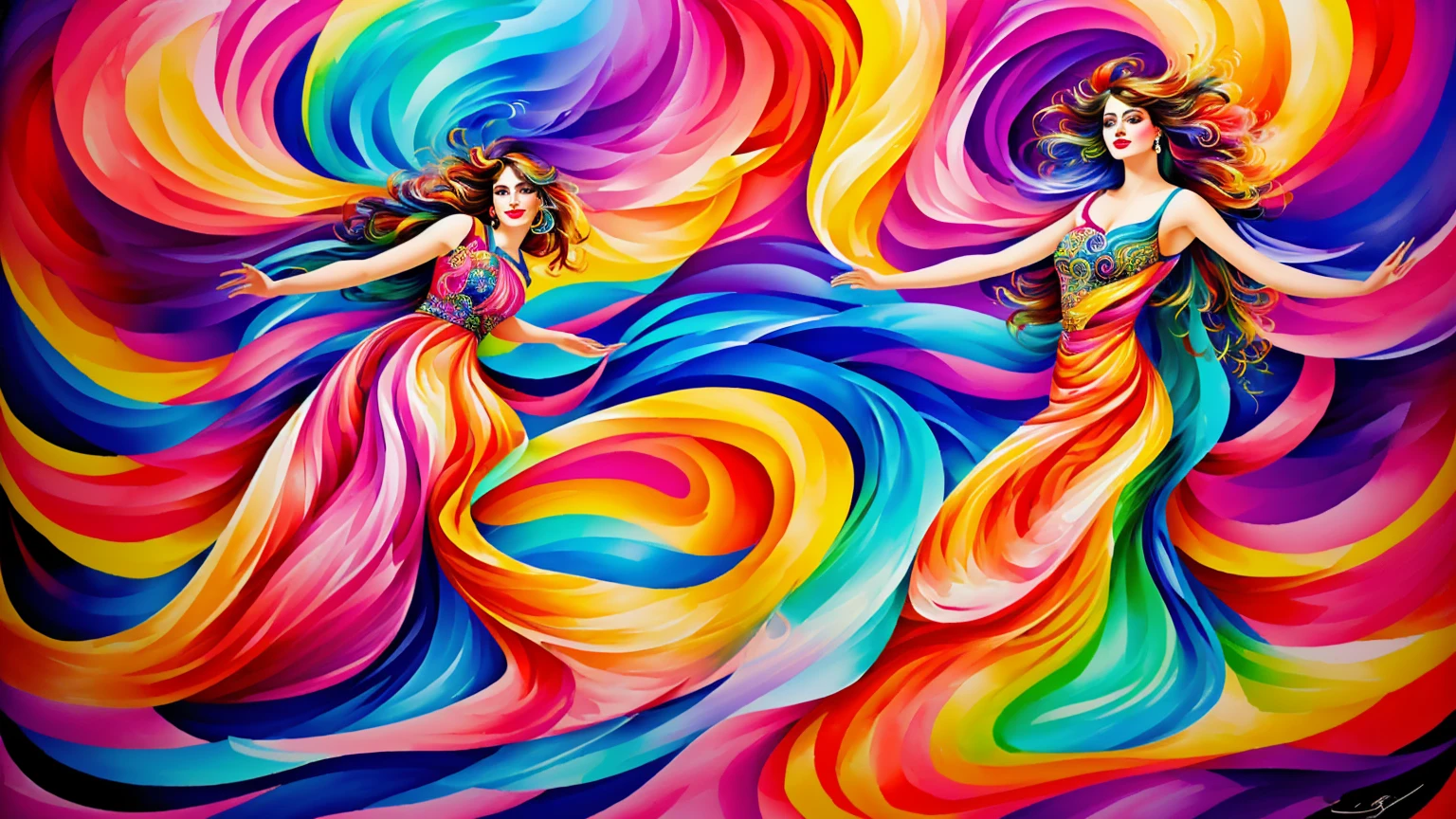 Wearing a colorful dress、Painting of a Spanish woman dancing with colorful swirls, Just a joke, Colorful artワーク, Circling, Dance with grace, Folk illustration, Colorful art, Colorful illustration, Colorful digital painting, Colourful and detailed, Digital illustration radiation, Vivid digital painting, A complex and colorful masterpiece, A colorful and exquisite masterpiece, A festival of rich colours