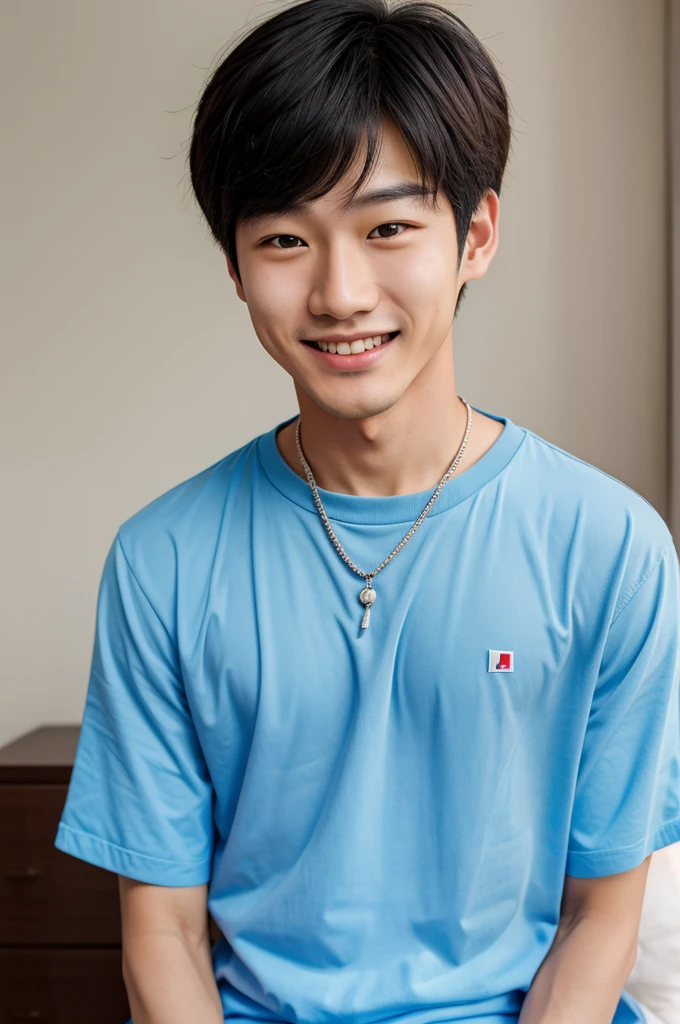 A realistic korean boy with a smile selfie 