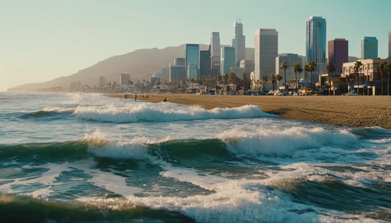 The cinematic traversal camera captures a skyline view of the ocean and the beach near Los Angeles, California in 3060 morning time, soft pink morning light on the sky. The camera is traveling through above the ocean and the beach in front of the dystopian futuristic megacity. The crashing blue waters create white-tipped waves while the sun illuminates the shore. Reflections on the water, realistic splashing waves, real water surface. This is a view that captures the raw beauty of the coast and the rugged landscape. In the megacity there are different styled buildings : many different colored materials and shaped complex constructed houses and skyscrapers, huge skyscrapers in the background. The bustling city with highly intricate details and photorealistic materials. Photorealistic Reflections. Natural lights, neutral colors, lomochrome, dramatic , dynamic composition. Consistent structure of the buildings, static environment, consistent movement of the camera. Contrast lighting, volumetric lighting, best shadows, sharp focus, depth pf field, Realism, Cinematic, Photoreal, Panavision 70s movie styled in color, celluloid, uhd, hdr, 4k, 35mm film Screengrab of 1950s Super Panavision 70 film, in color. Best shadows, best quality. Lifelike textures, sharp focus, depth of field, realism, photorealism, vintage color tones, cinematic lighting, contrast lighting, soft front light, insanely intricate details, hdr, uhd, 8k, 35 mm film, analog camera shot.