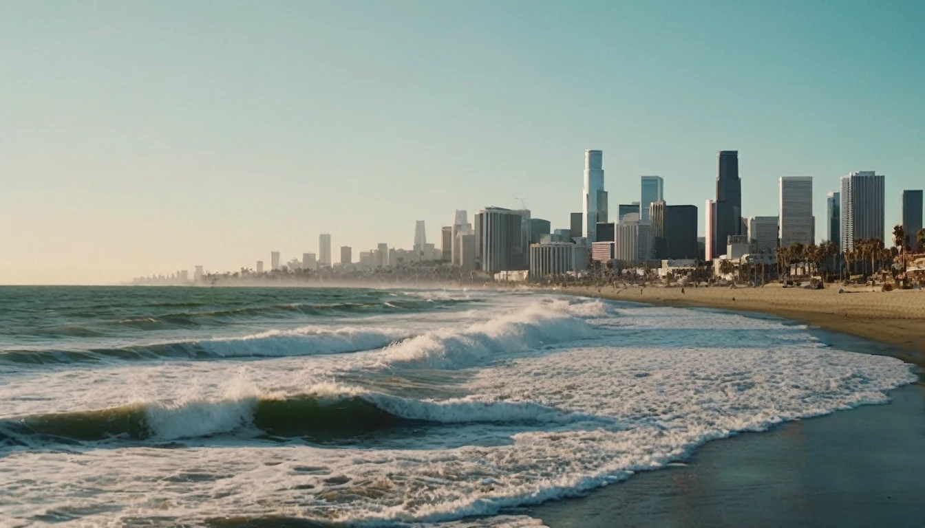 The cinematic traversal camera captures a skyline view of the ocean and the beach near Los Angeles, California in 3060 morning time, soft pink morning light on the sky. The camera is traveling through above the ocean and the beach in front of the dystopian futuristic megacity. The crashing blue waters create white-tipped waves while the sun illuminates the shore. Reflections on the water, realistic splashing waves, real water surface. This is a view that captures the raw beauty of the coast and the rugged landscape. In the megacity there are different styled buildings : many different colored materials and shaped complex constructed houses and skyscrapers, huge skyscrapers in the background. The bustling city with highly intricate details and photorealistic materials. Photorealistic Reflections. Natural lights, neutral colors, lomochrome, dramatic , dynamic composition. Consistent structure of the buildings, static environment, consistent movement of the camera. Contrast lighting, volumetric lighting, best shadows, sharp focus, depth pf field, Realism, Cinematic, Photoreal, Panavision 70s movie styled in color, celluloid, uhd, hdr, 4k, 35mm film Screengrab of 1950s Super Panavision 70 film, in color. Best shadows, best quality. Lifelike textures, sharp focus, depth of field, realism, photorealism, vintage color tones, cinematic lighting, contrast lighting, soft front light, insanely intricate details, hdr, uhd, 8k, 35 mm film, analog camera shot.