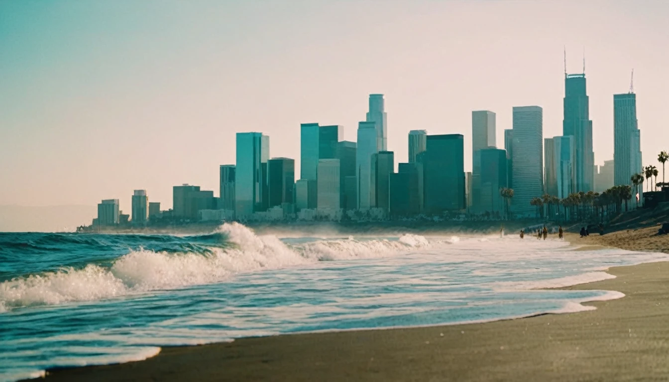 The cinematic traversal camera captures a skyline view of the ocean and the beach near Los Angeles, California in 3060 morning time, soft pink morning light on the sky. The camera is traveling through above the ocean and the beach in front of the dystopian futuristic megacity. The crashing blue waters create white-tipped waves while the sun illuminates the shore. Reflections on the water, realistic splashing waves, real water surface. This is a view that captures the raw beauty of the coast and the rugged landscape. In the megacity there are different styled buildings : many different colored materials  and shaped complex constructed houses and skyscrapers, huge skyscrapers in the background. The bustling city with highly intricate details and photorealistic materials. Photorealistic Reflections. Natural lights, neutral colors, lomochrome, dramatic , dynamic composition. Consistent structure of the buildings, static environment, consistent movement of the camera. Contrast lighting, volumetric lighting, best shadows, sharp focus, depth pf field, Realism, Cinematic, Photoreal, Panavision 70s movie styled in color, celluloid, uhd, hdr, 4k, 35mm film Screengrab of 1950s Super Panavision 70 film, in color. Best shadows, best quality. Lifelike textures, sharp focus, depth of field, realism, photorealism, vintage color tones, cinematic lighting, contrast lighting, soft front light, insanely intricate details, hdr, uhd, 8k, 35 mm film, analog camera shot.