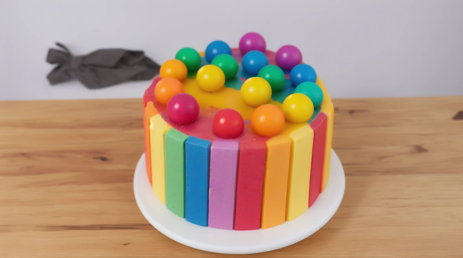on a wooden table, on a white porcelain plate, a tiny cake, the walls of the cake are made of multi-colored chocolate bars, on top are multi-colored cream stripes, multi-colored candies in the form of balls, realistic texture, realistic style, detailed texture, high quality, high resolution, high quality rendering, realistic photo, brightning light, macro photo, ultra hd 4k