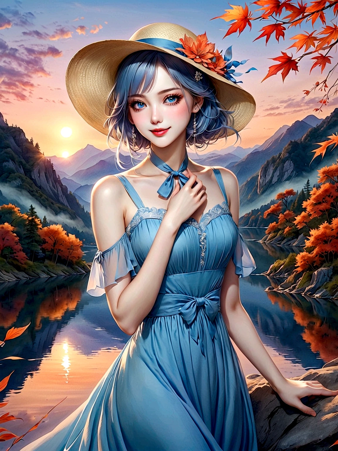 ((masterpiece, best quality))，(Very detailed)，(watercolor:1.2), 1 cute girl，straw hat，flowering，Light blue hair，Very long hair，Water blue eyes，flat chest，shut your mouth，Smile，(A blue dress:1.3)，Bare shoulders，bow tie，Side Angle，Autumn scenery，Leaving is，maple，dusk，River bank，reflection on the lake，The sky is full of colors，Orange-red sunset，The afterglow diverges，Mountain，远Mountain，contour， (Vibrant colors，Warm light source:1.2), (forest，Bare branches:1.2，(Very detailed的 CG 统一，8k wallpaper)，(Implications：1.0)，Intricate details，Epic Works，Realistic lighting，High-resolution details，(Beautiful wildlife and natural wonders，Lights shine)，(((Anatomically correct, precise, High Detail, best quality)))，Dark theme elements, Pencil Sketch