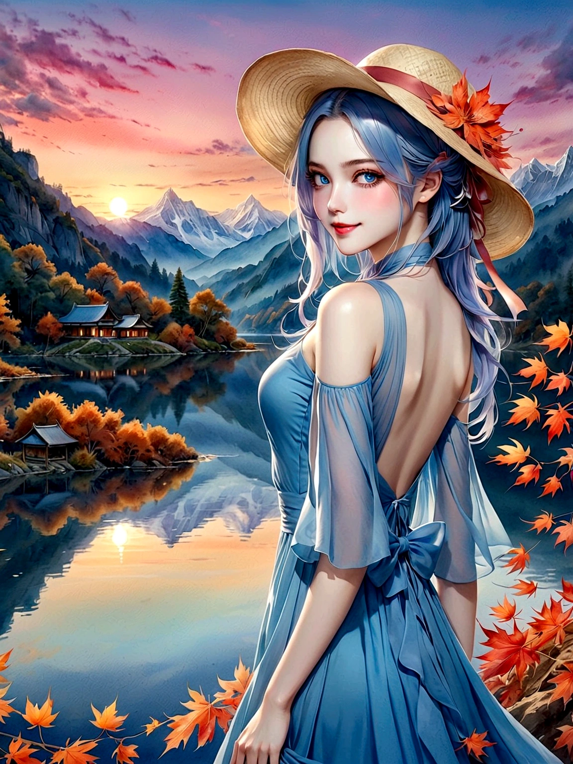 ((masterpiece, best quality))，(Very detailed)，(watercolor:1.2), 1 cute girl，straw hat，flowering，Light blue hair，Very long hair，Water blue eyes，flat chest，shut your mouth，Smile，(A blue dress:1.3)，Bare shoulders，bow tie，Side Angle，Autumn scenery，Leaving is，maple，dusk，River bank，reflection on the lake，The sky is full of colors，Orange-red sunset，The afterglow diverges，Mountain，远Mountain，contour， (Vibrant colors，Warm light source:1.2), (forest，Bare branches:1.2，(Very detailed的 CG 统一，8k wallpaper)，(Implications：1.0)，Intricate details，Epic Works，Realistic lighting，High-resolution details，(Beautiful wildlife and natural wonders，Lights shine)，(((Anatomically correct, precise, High Detail, best quality)))，Dark theme elements, Pencil Sketch