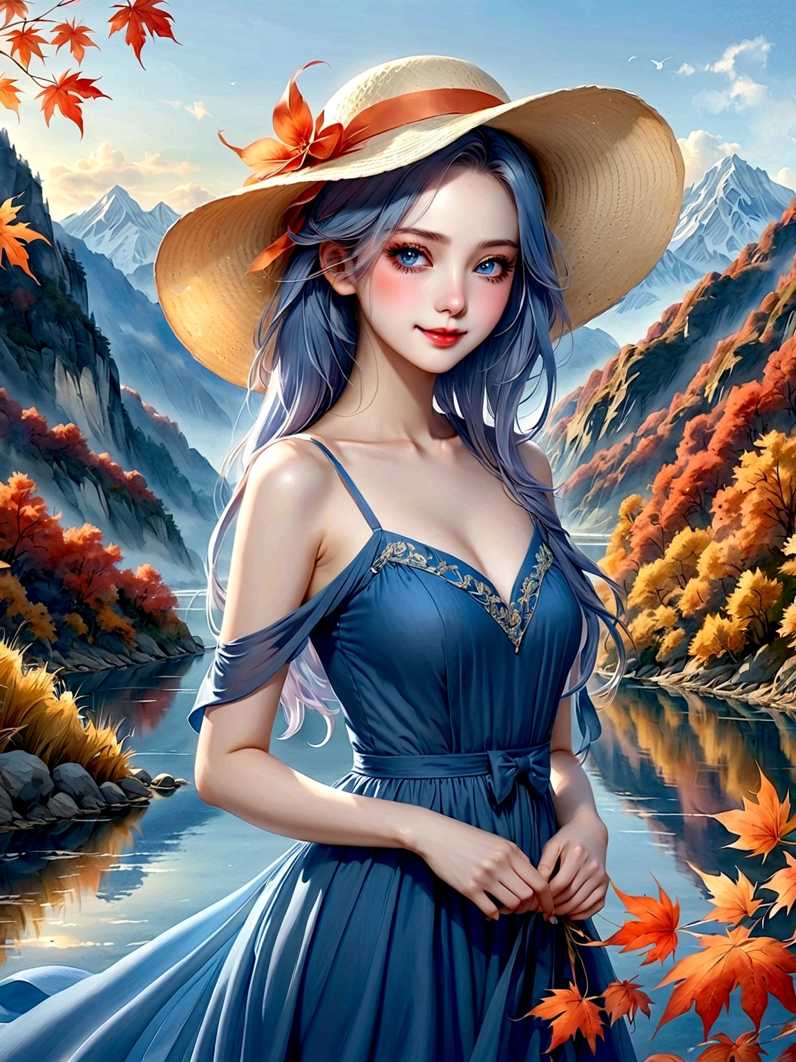 ((masterpiece, best quality))，(Very detailed)，(watercolor:1.2), 1 cute girl，straw hat，flowering，Light blue hair，Very long hair，Water blue eyes，flat chest，shut your mouth，Smile，(A blue dress:1.3)，Bare shoulders，bow tie，Side Angle，Autumn scenery，Leaving is，maple，dusk，River bank，reflection on the lake，The sky is full of colors，Orange-red sunset，The afterglow diverges，Mountain，远Mountain，contour， (Vibrant colors，Warm light source:1.2), (forest，Bare branches:1.2，(Very detailed的 CG 统一，8k wallpaper)，(Implications：1.0)，Intricate details，Epic Works，Realistic lighting，High-resolution details，(Beautiful wildlife and natural wonders，Lights shine)，(((Anatomically correct, precise, High Detail, best quality)))，Dark theme elements, Pencil Sketch