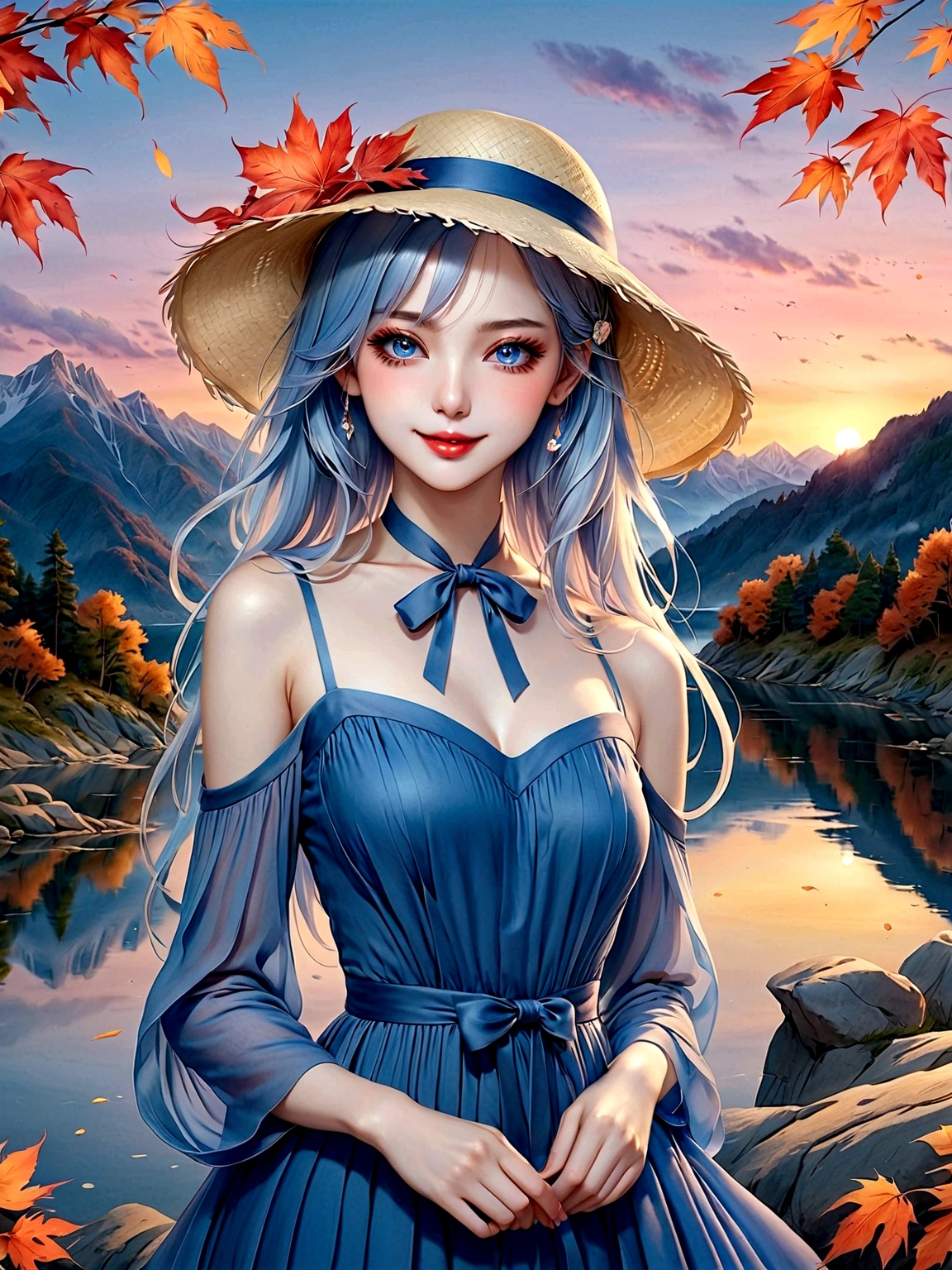 ((masterpiece, best quality))，(Very detailed)，(watercolor:1.2), 1 cute girl，straw hat，flowering，Light blue hair，Very long hair，Water blue eyes，flat chest，shut your mouth，Smile，(A blue dress:1.3)，Bare shoulders，bow tie，Side Angle，Autumn scenery，Leaving is，maple，dusk，River bank，reflection on the lake，The sky is full of colors，Orange-red sunset，The afterglow diverges，Mountain，远Mountain，contour， (Vibrant colors，Warm light source:1.2), (forest，Bare branches:1.2，(Very detailed的 CG 统一，8k wallpaper)，(Implications：1.0)，Intricate details，Epic Works，Realistic lighting，High-resolution details，(Beautiful wildlife and natural wonders，Lights shine)，(((Anatomically correct, precise, High Detail, best quality)))，Dark theme elements, Pencil Sketch