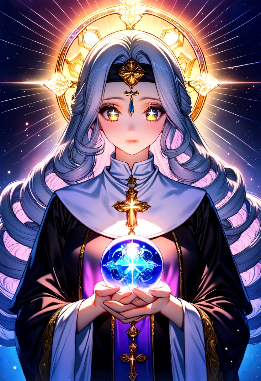 Female priest with long curly hair, beauty,Religious robes, Holding a crystal ball in both hands,God of Fortune Telling,Head down cast, Hold your hands tight, Wearing a headband, A simple halo around the head, Sparkling eyes, Saint, Vibrant colors, Light Particles, Shining, Musieff, Wallpaper Art, Ultra HD Wallpaper