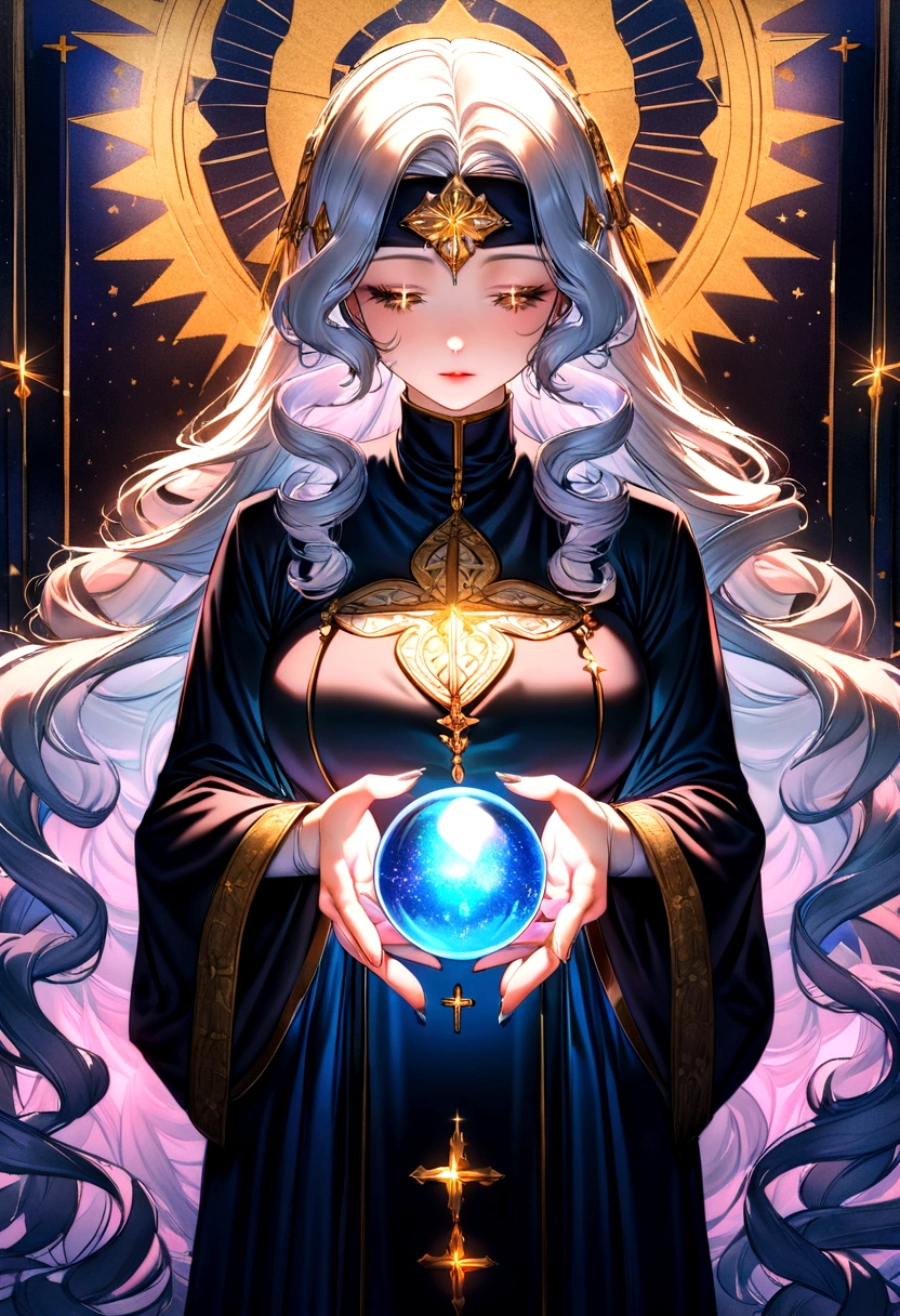 Female priest with long curly hair, beauty,Religious robes, Holding a crystal ball in both hands,God of Fortune Telling,Head down cast, Hold your hands tight, Wearing a headband, A simple halo around the head, Sparkling eyes, Saint, Vibrant colors, Light Particles, Shining, Musieff, Wallpaper Art, Ultra HD Wallpaper