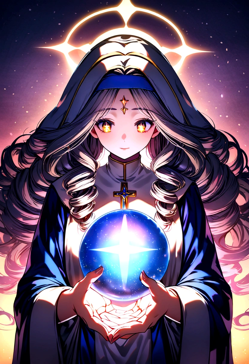 Female priest with long curly hair, beauty,Religious robes, Holding a crystal ball in both hands,God of Fortune Telling,Head down cast, Hold your hands tight, Wearing a headband, A simple halo around the head, Sparkling eyes, Saint, Vibrant colors, Light Particles, Shining, Musieff, Wallpaper Art, Ultra HD Wallpaper
