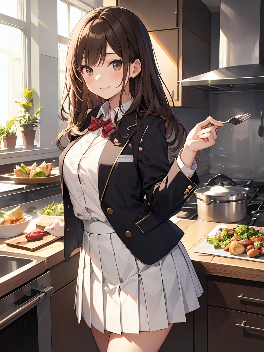 In one girl、smile、fun、High school blazer with popular design、shirt、pleated skirt、white skirt、(small breasts), cooking class, brown hair