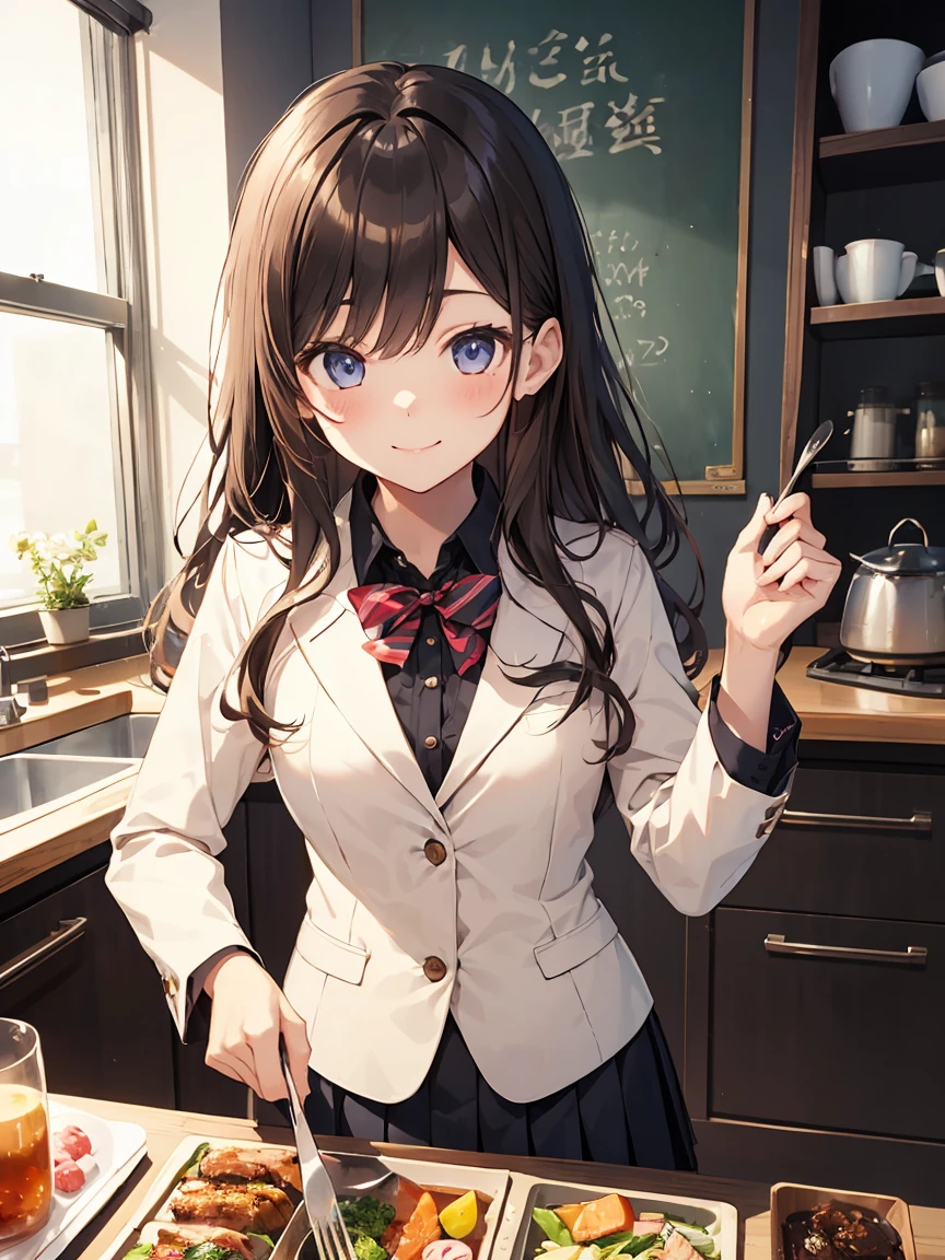 In one girl、smile、fun、High school blazer with popular design、shirt、pleated skirt、white skirt、（small breasts）, cooking class, brown hair
