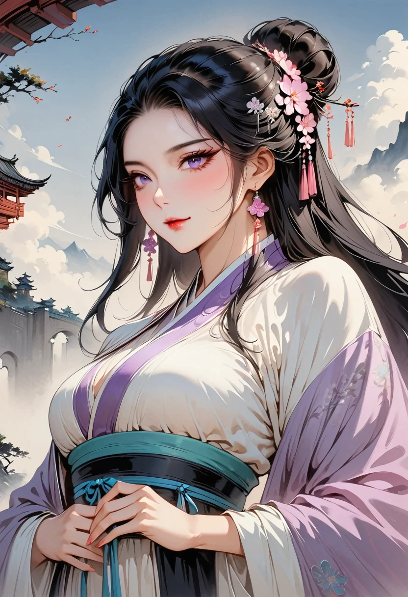 (masterpiece, best quality:1.2), 1 woman, Hanfu, (Dress conservatively:1.3), (delicate and beautiful face:1.8), mature, laugh, black hair, hairpin, purple eyes, seat, beautiful bridge, (ink stain) beautiful portrait, clothing ink style, traditional china painting, ink bismuth, from below, masterpiece, high details,