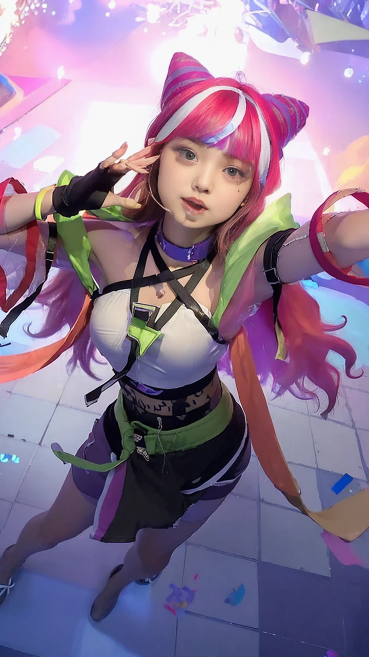 ((Best Quality, 8K, Masterpiece: 1.3)), (Flower Cap: 1.3), Focus: 1.2, Perfect Body Beauty: 1.4, Buttocks: 1.2, (Layered Haircut: 1.2)), (Dark Street: 1.3), Highly Detailed Face and Skin Texture, Full Body, Delicate Eyes, Double Eyelids, Whitened Skin, Long Hair, (Round Face: 1.5), (Loose Crop Top, Shorts: 1.6)