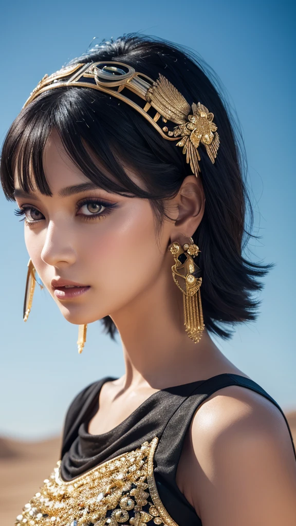 Photo of Cleopatra with natural skin, Short, voluminous black hair, Sharp eyes with blue eyeshadow, A thin, upturned nose, Well-shaped lips, Hourglass-shaped body shape, Typical attire, Makeup, Exquisitely crafted with the utmost attention to detail, Vibrant, amazing, Smooth, Cinematic, 4K, Backlight, Fantasy Desert Background, Shallow depth of field.