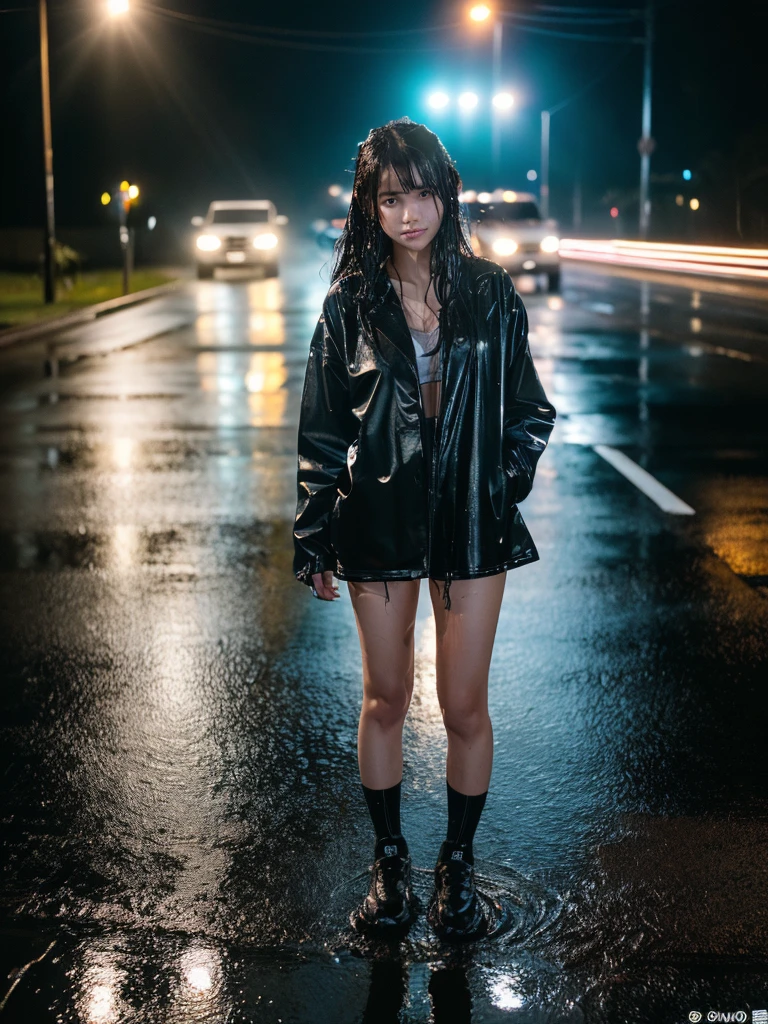 Wet roads ,drenched, Dripping, Wet Face,Wet clothes, Wet Skin, Wet Hair,A young woman with a cute face like a Japanese idol,chest,((Full body portrait)),((Cinema lighting),(Natural light),(High level of artistry),(Artistic),(Quality indistinguishable from real life),RAW Photos,Genuine,Genuine,High resolution,RAW Photos,masterpiece, beautiful