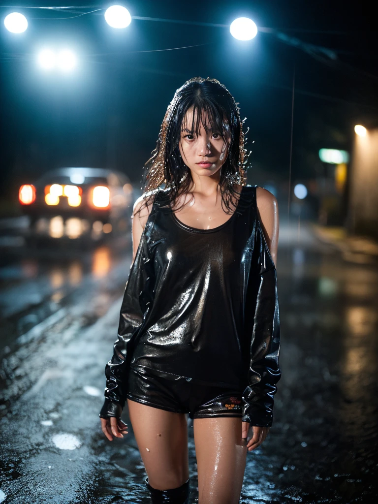 Wet roads ,drenched, Dripping, Wet Face,Wet clothes, Wet Skin, Wet Hair,A young woman with a cute face like a Japanese idol,chest,((Full body portrait)),((Cinema lighting),(Natural light),(High level of artistry),(Artistic),(Quality indistinguishable from real life),RAW Photos,Genuine,Genuine,High resolution,RAW Photos,masterpiece, beautiful