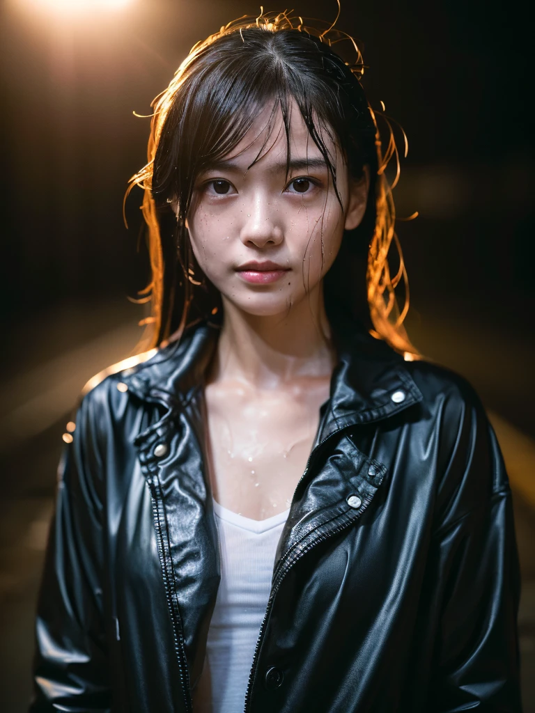 Wet roads ,drenched, Dripping, Wet Face,Wet clothes, Wet Skin, Wet Hair,A young woman with a cute face like a Japanese idol,chest,((Full body portrait)),((Cinema lighting),(Natural light),(High level of artistry),(Artistic),(Quality indistinguishable from real life),RAW Photos,Genuine,Genuine,High resolution,RAW Photos,masterpiece, beautiful