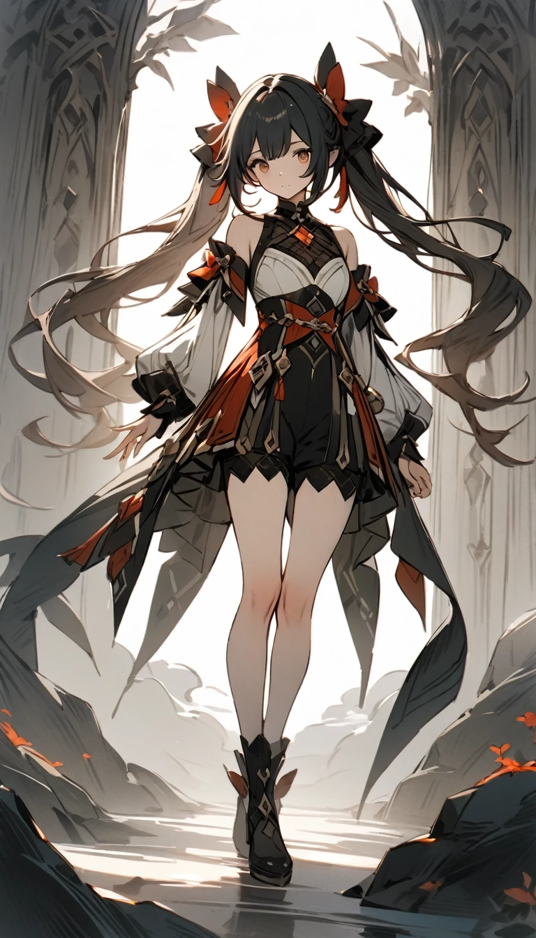 (masterpiece, best quality, ultra-detailed, 8k wallpaper), 1 girl, curvaceous but slender body,full body,(detailed face:1.2), pure background, fashion,tokyo,harajuku,, medium hair, black hair, twintails, blunt bangs, brown eyes,