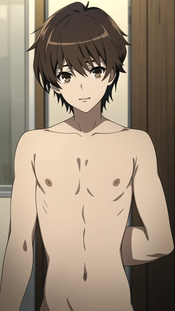 anime art, 1boy, solo male, male focus, high boy, beautiful boy, neck length white hair, small red droopy eyes, he has fair skin, he is naked, he is slender, slender body, he is smiling, he is in bathroom, ultra-detailed, ultra quality, high resolution, hdr, masterpiece, cinematic, detailed, absurdres
