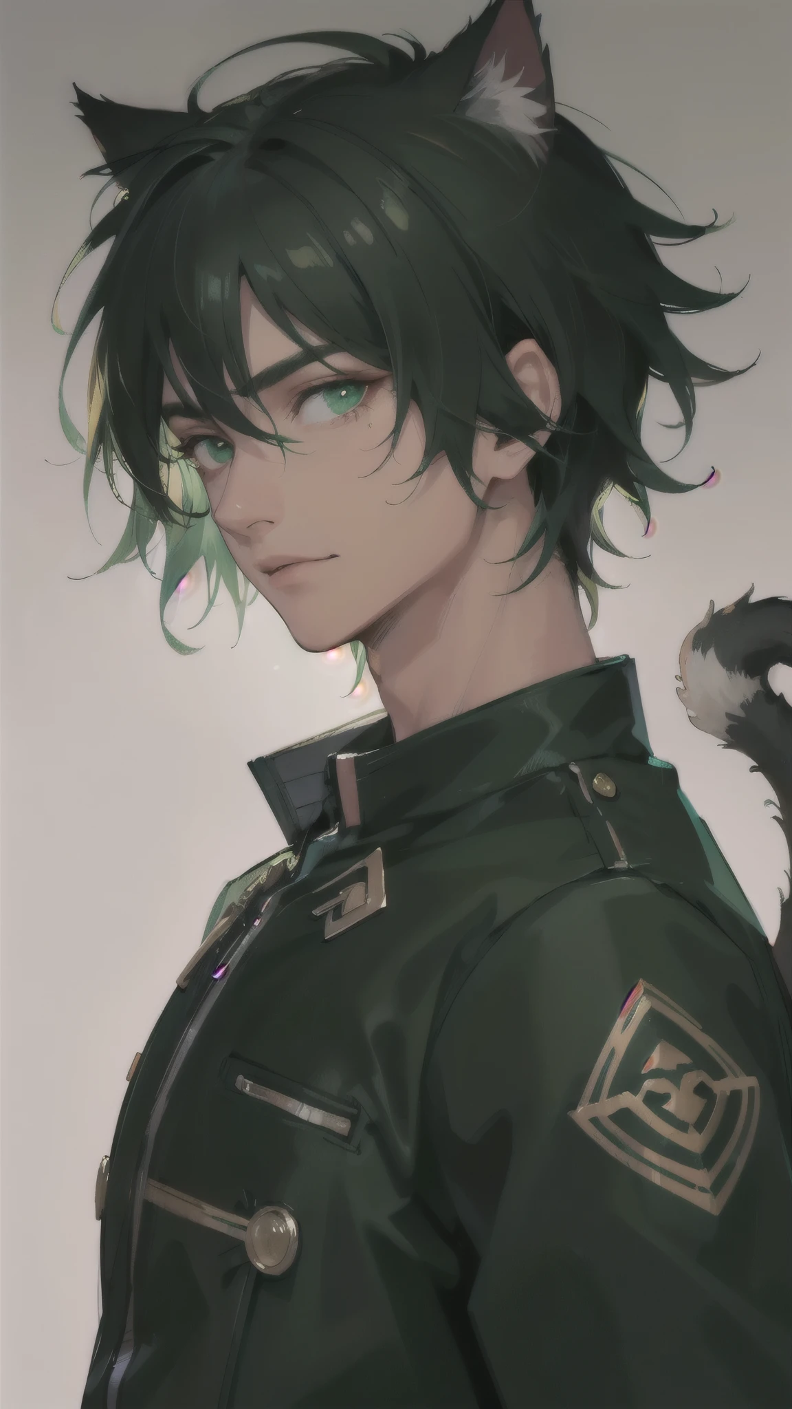Dark skinned handsome boy, Cat ears and tail, Shining eyes, Messy green short hair, Very detailed portrait. The focus should be on his extremely detailed face,,muscular