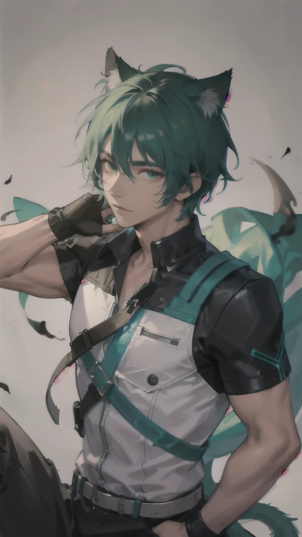 dark tanned skin,Handsome boy, Cat ears and tail, Shining eyes, (((Messy green short hair))), Very detailed portrait. The focus should be on his extremely detailed face,,muscular,=Full of male hormones
