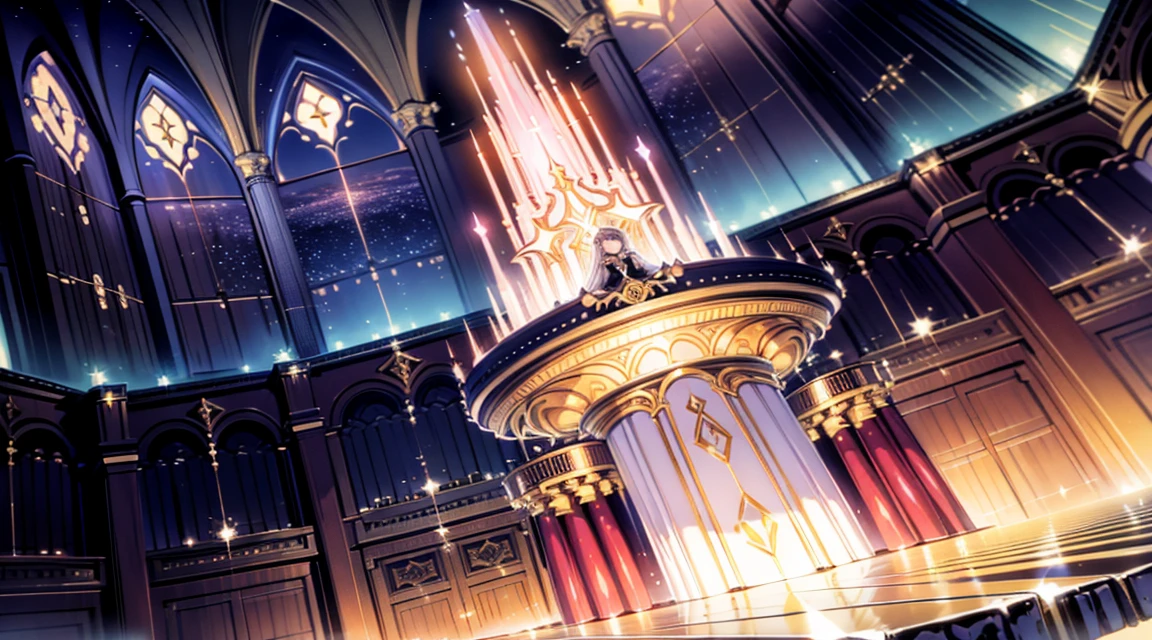 A fantasy anime-style illustration featuring a female character playing a pipe organ. The character has medium-length wavy hair and is wearing an ethereal, flowing robe with sparkling details. The pipe organ has silver pipes that extend upward, surrounded by an otherworldly, glowing aura. This scene shows the character from a top-down angle, capturing her and the entire organ setup from above. The background is an enchanting, fantasy setting with floating lights, celestial patterns, and an overall dreamlike atmosphere. The scene is vibrant and colorful, with detailed shading and gradients to add depth, and the character's eyes and facial expressions are emphasized to convey emotion.