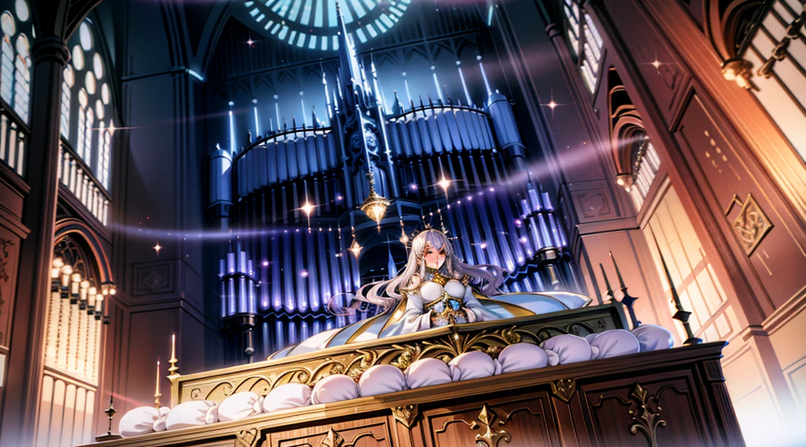 A fantasy anime-style illustration featuring a female character playing a pipe organ. The character has medium-length wavy hair and is wearing an ethereal, flowing robe with sparkling details. The pipe organ has silver pipes that extend upward, surrounded by an otherworldly, glowing aura. This scene shows the character from a top-down angle, capturing her and the entire organ setup from above. The background is an enchanting, fantasy setting with floating lights, celestial patterns, and an overall dreamlike atmosphere. The scene is vibrant and colorful, with detailed shading and gradients to add depth, and the character's eyes and facial expressions are emphasized to convey emotion.