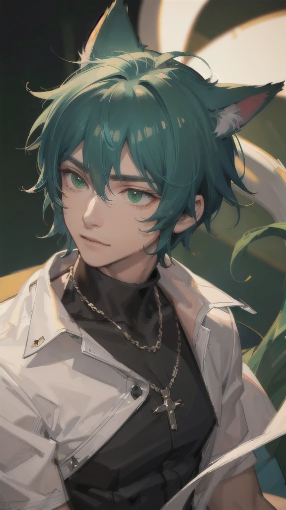 dark tanned skin，Handsome boy, Cat ears and tail, Shining eyes, (((Messy green short hair))), Very detailed portrait. The focus should be on his extremely detailed face,，muscular,Abdominal muscles，Chest muscles，Topless，surf