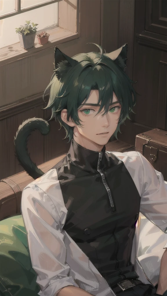 dark tanned skin，Handsome boy, Cat ears and tail, Shining eyes, (((Messy green short hair))), Very detailed portrait. The focus should be on his extremely detailed face,，muscular,=Full of male hormones