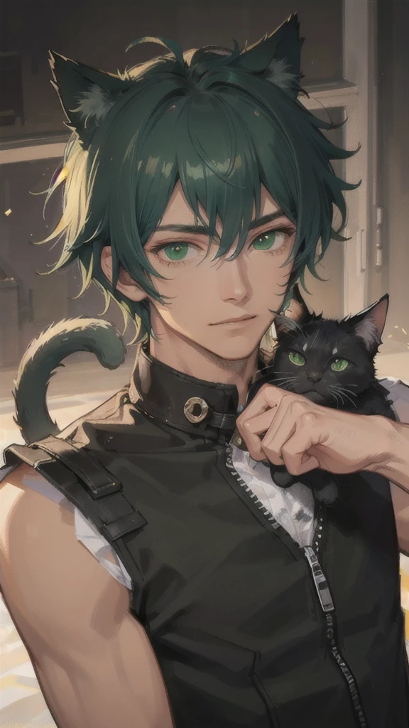 dark tanned skin,Handsome boy, Cat ears and tail, Shining eyes, (((Messy green short hair))), Very detailed portrait. The focus should be on his extremely detailed face,,muscular,=Full of male hormones